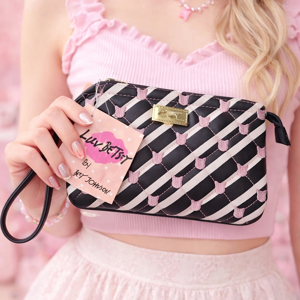 Betsey Johnson Double Pouch Wristlet Wallet Cats Black White Stripes New w/ Tags - Picture 2 of 16